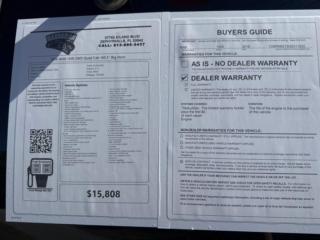 RAM 1500 2WD Quad Cab 140.5" Big Horn 2016