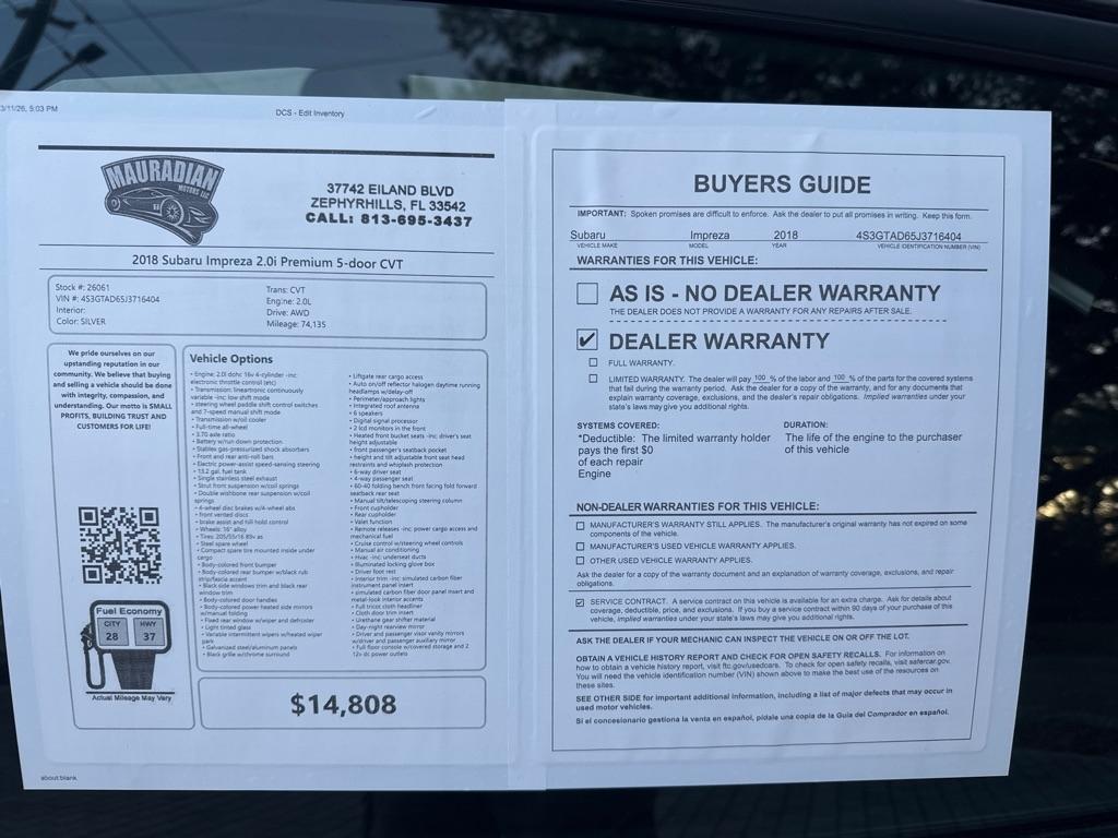 Subaru Impreza 2.0i Premium 5-door CVT 2018