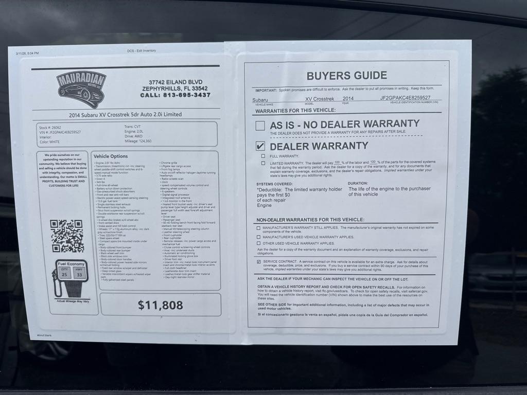 Subaru XV Crosstrek 5dr Auto 2.0i Limited 2014