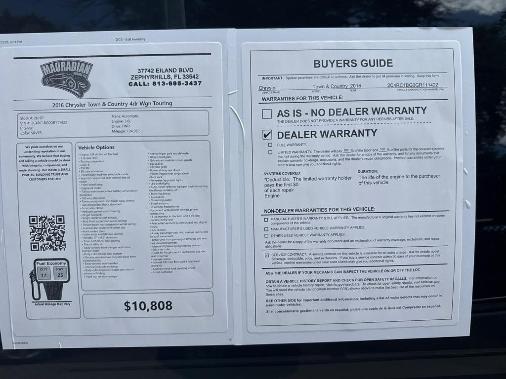 Chrysler Town & Country 4dr Wgn Touring 2016