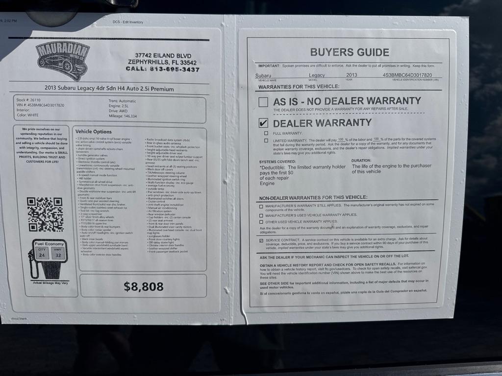 Subaru Legacy 4dr Sdn H4 Auto 2.5i Premium 2013