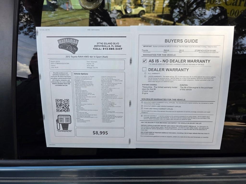 Toyota RAV4 4WD 4dr I4 Sport (Natl) 2012