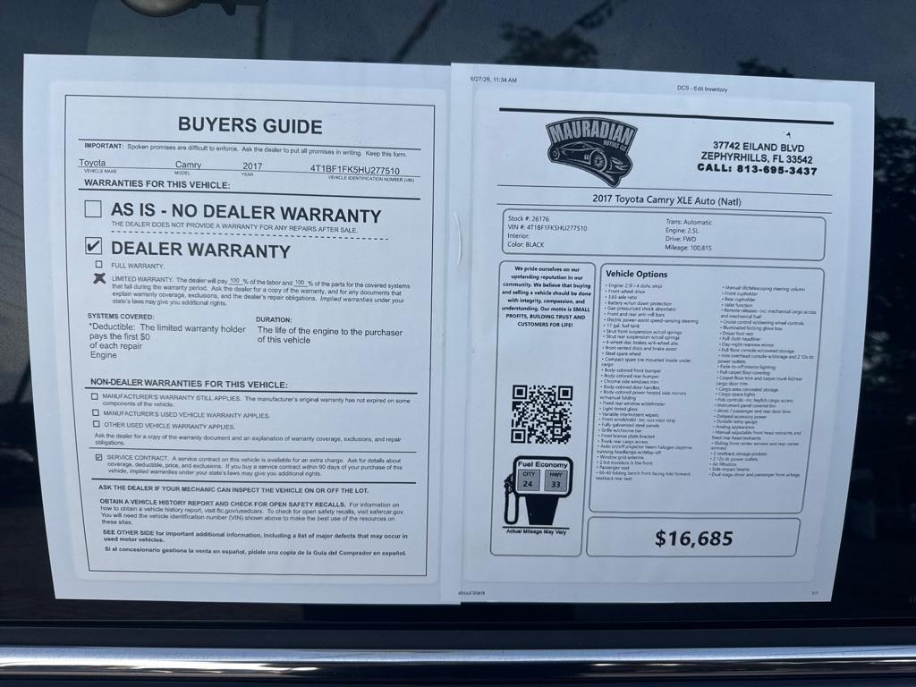 Toyota Camry XLE Auto (Natl) 2017