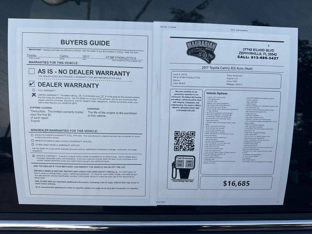 Toyota Camry XLE Auto (Natl) 2017