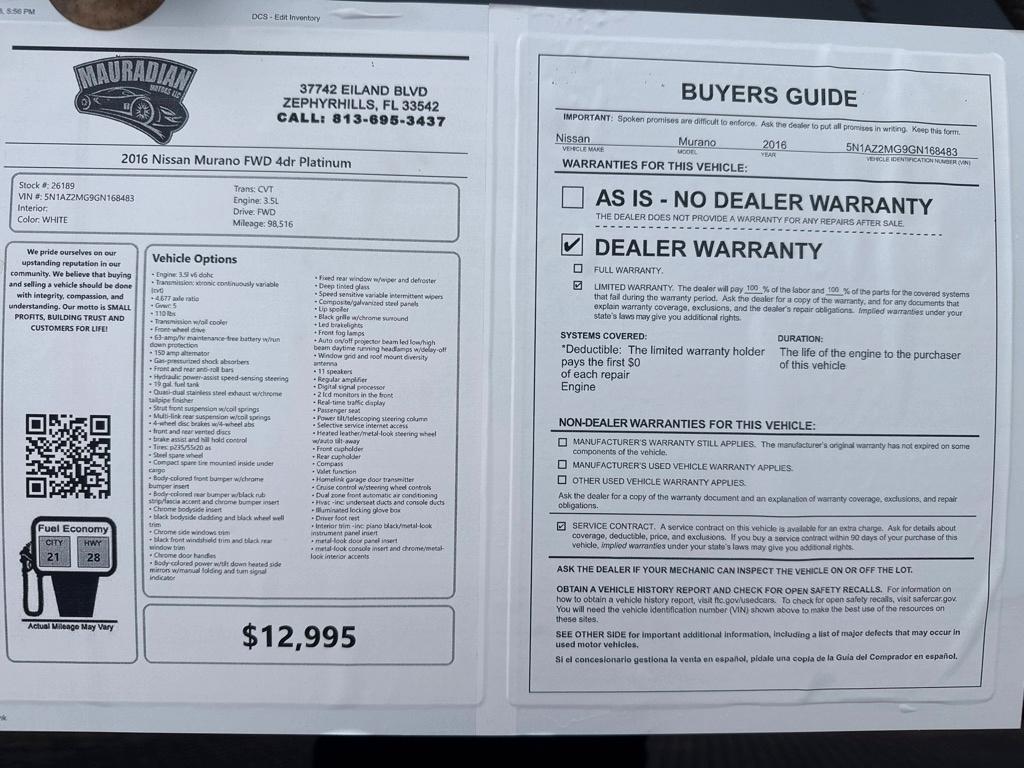 Nissan Murano FWD 4dr Platinum 2016