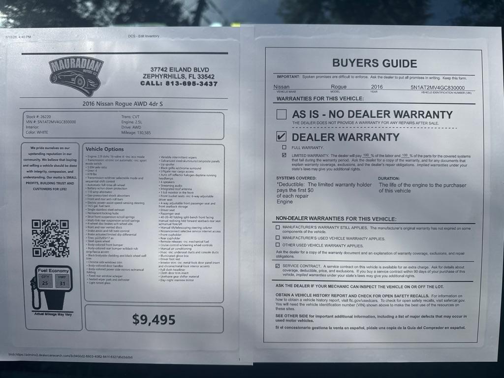 Nissan Rogue AWD 4dr S 2016