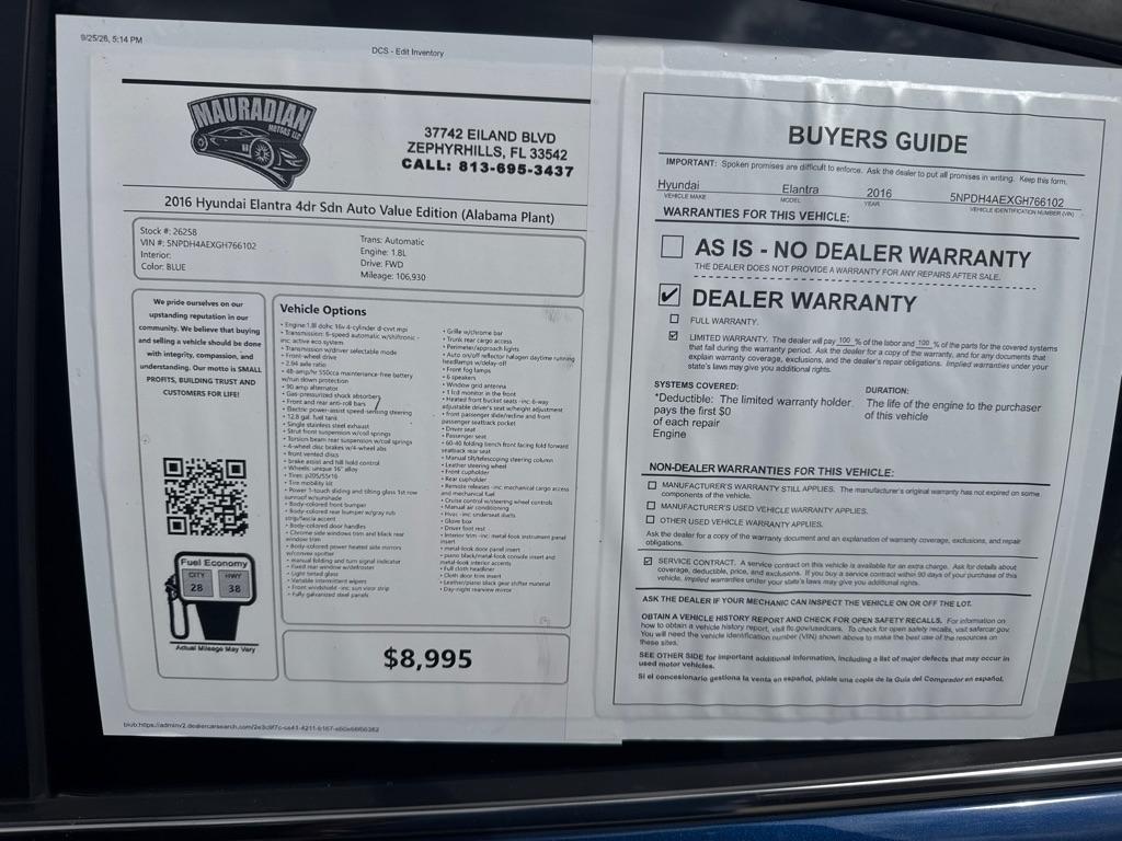 Hyundai Elantra 4dr Sdn Auto Value Edition (Alabama Plant) 2016