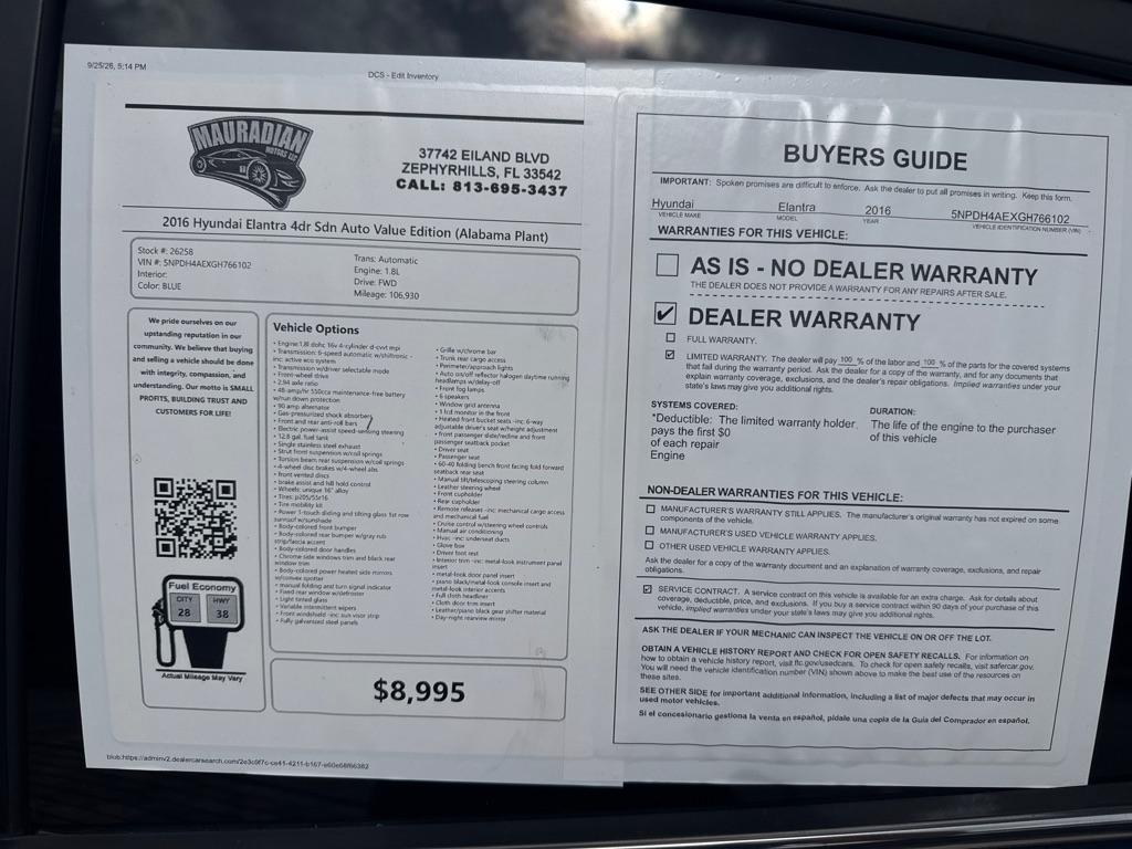 Hyundai Elantra 4dr Sdn Auto Value Edition (Alabama Plant) 2016