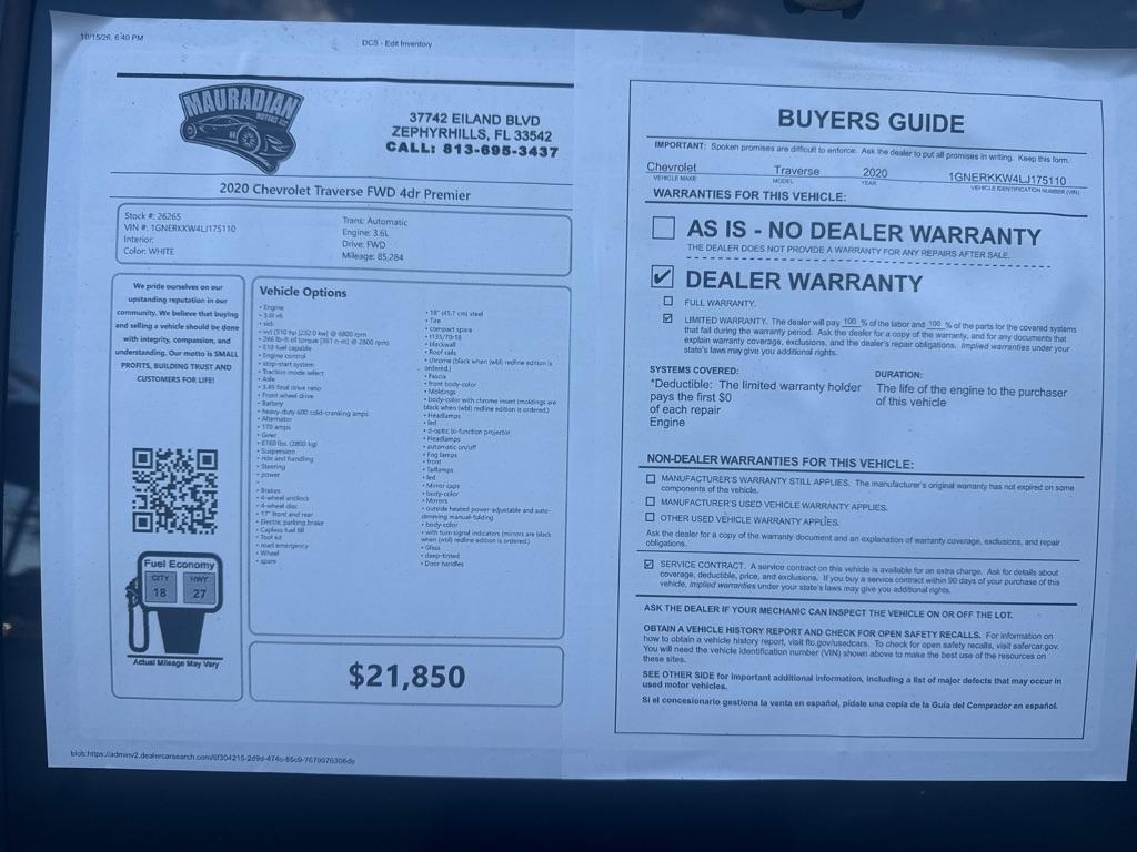 Chevrolet Traverse FWD 4dr Premier 2020