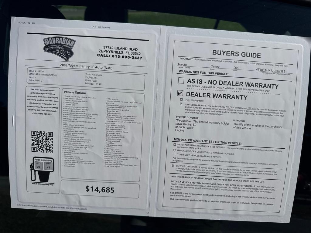 Toyota Camry XLE Auto (Natl) 2018