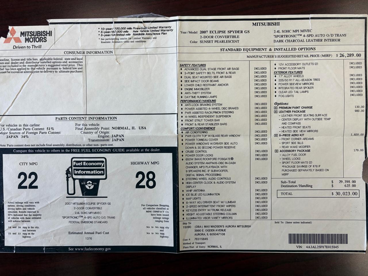 Mitsubishi Eclipse GS Spyder 2007