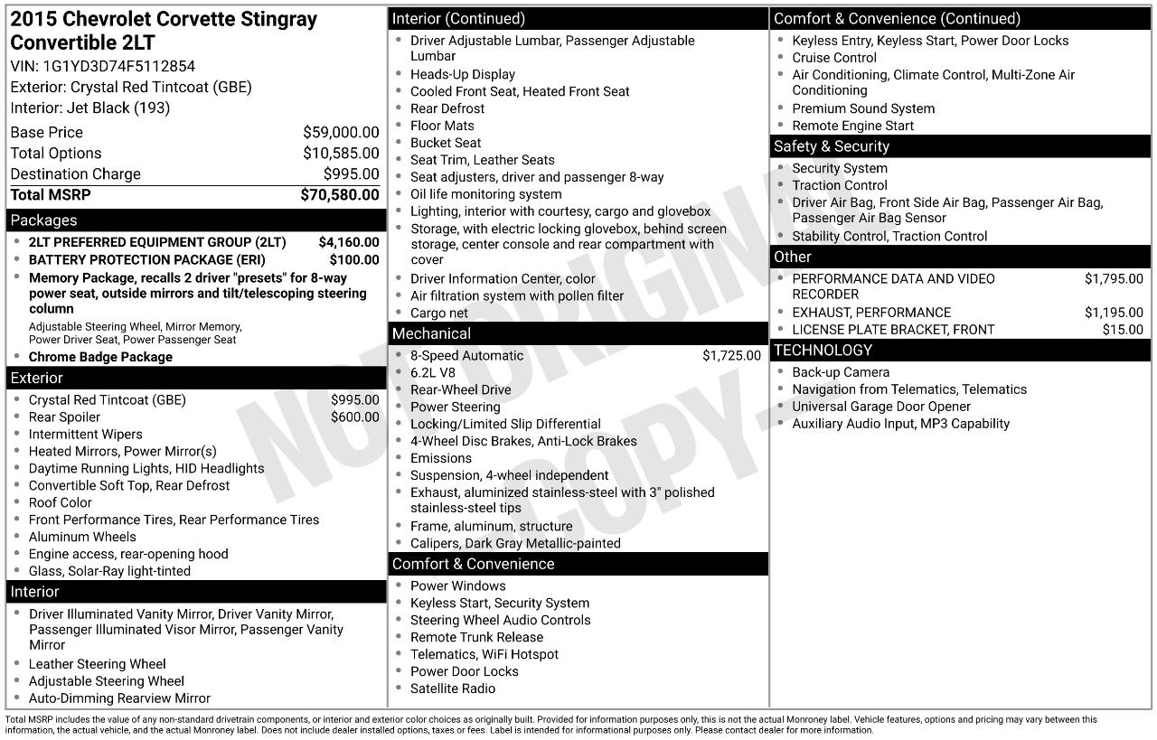 Chevrolet Corvette Stingray 2LT Convertible 2015
