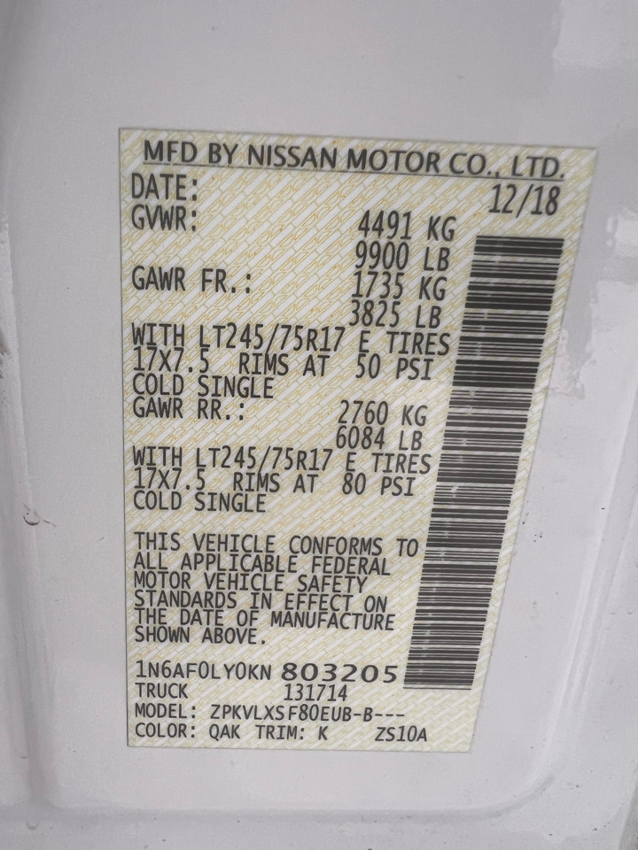 Nissan NV Cargo NV3500 HD High Roof V8 SV 2019