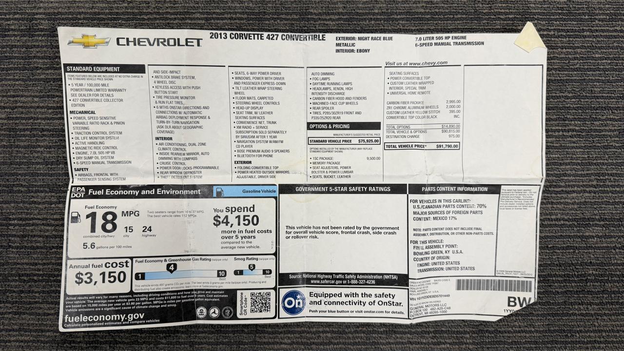 Chevrolet Corvette 2dr Conv 427 w/1SC 2013