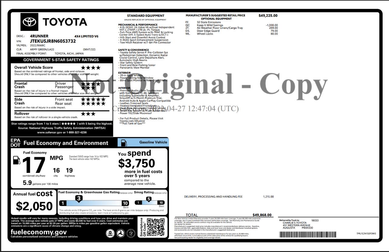 Toyota 4Runner Limited 4WD (Natl) 2022