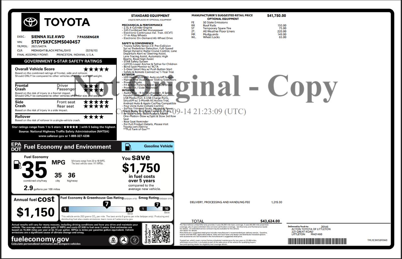 Toyota Sienna XLE AWD 7-Passenger (Natl) 2021
