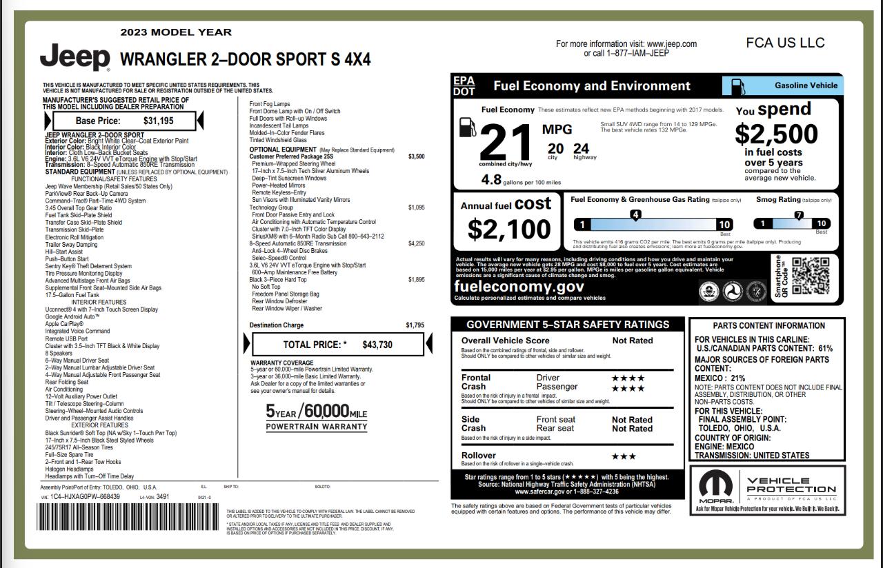 Jeep Wrangler Sport S 2 Door 4x4 2023