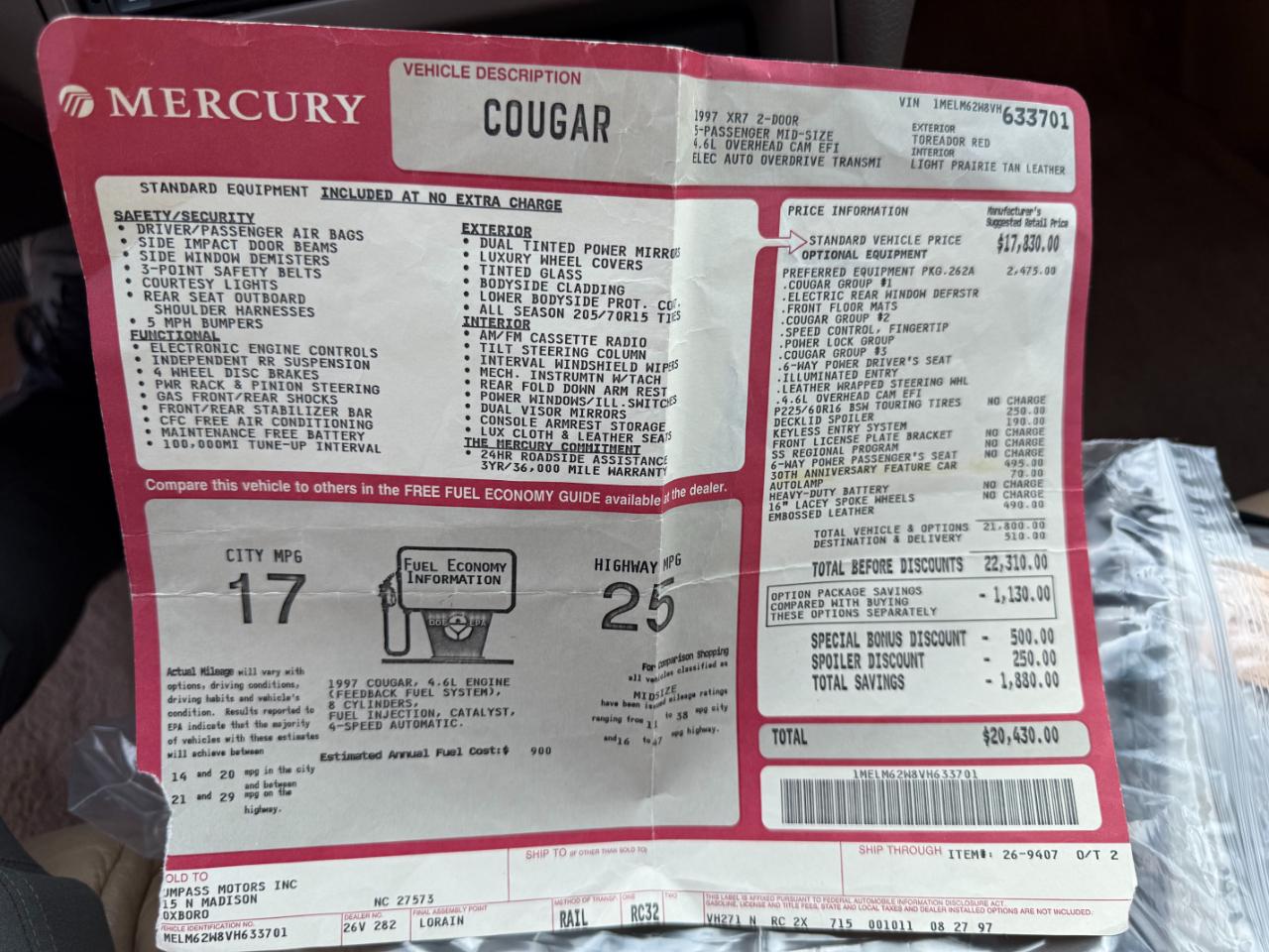 Mercury Cougar 2dr Cpe XR7 1997