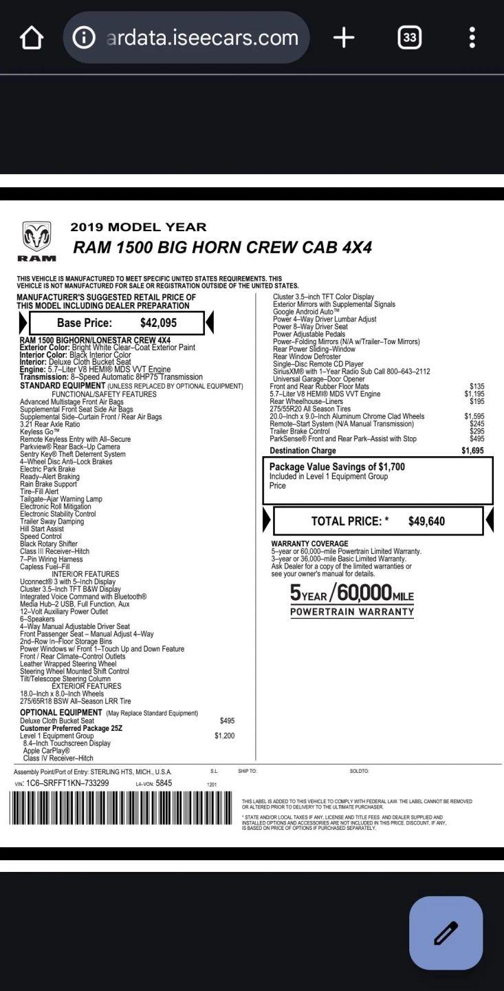 RAM 1500 Big Horn Crew Cab SWB 4WD 2019