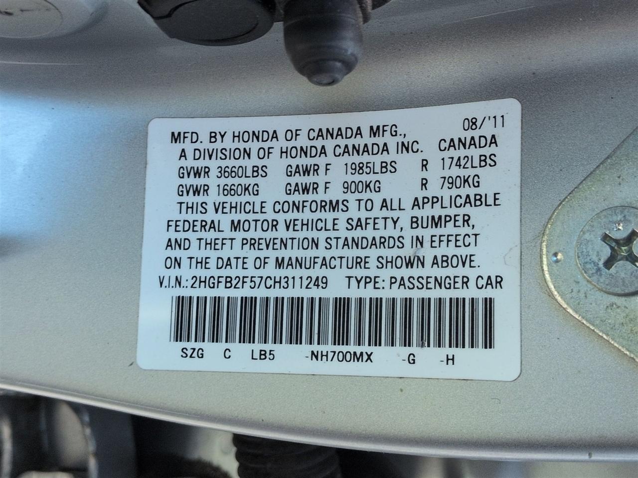 Honda Civic LX Sedan 5-Speed AT 2012