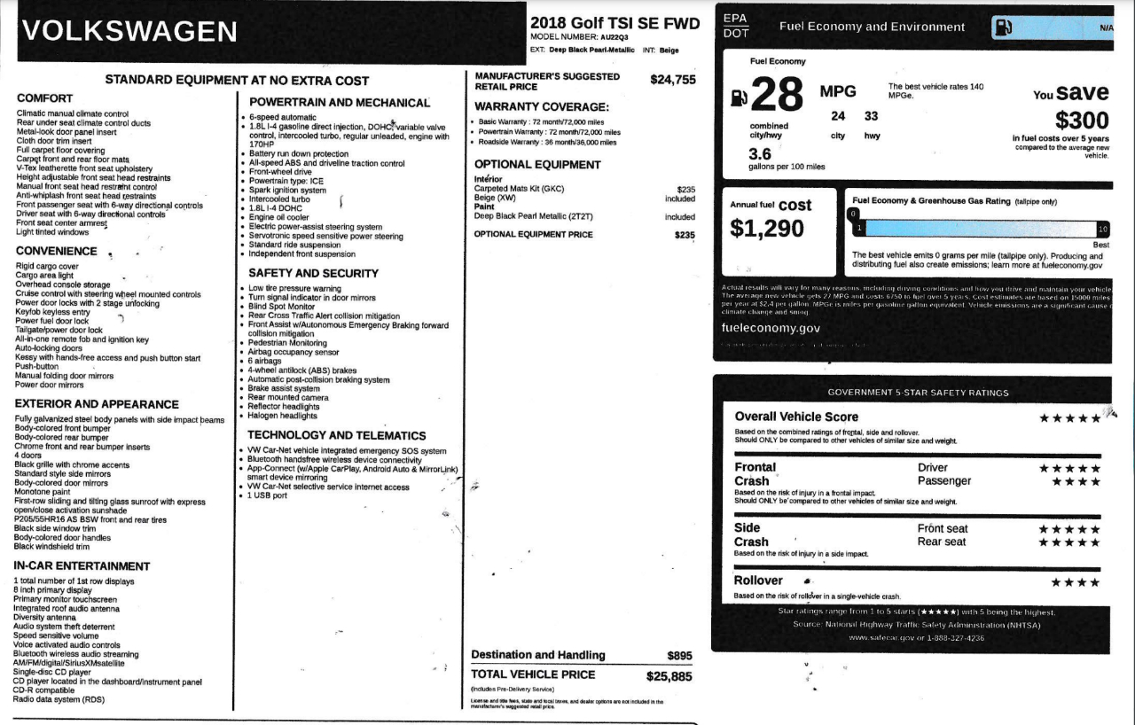 Volkswagen Golf TSI SE 6A 2018