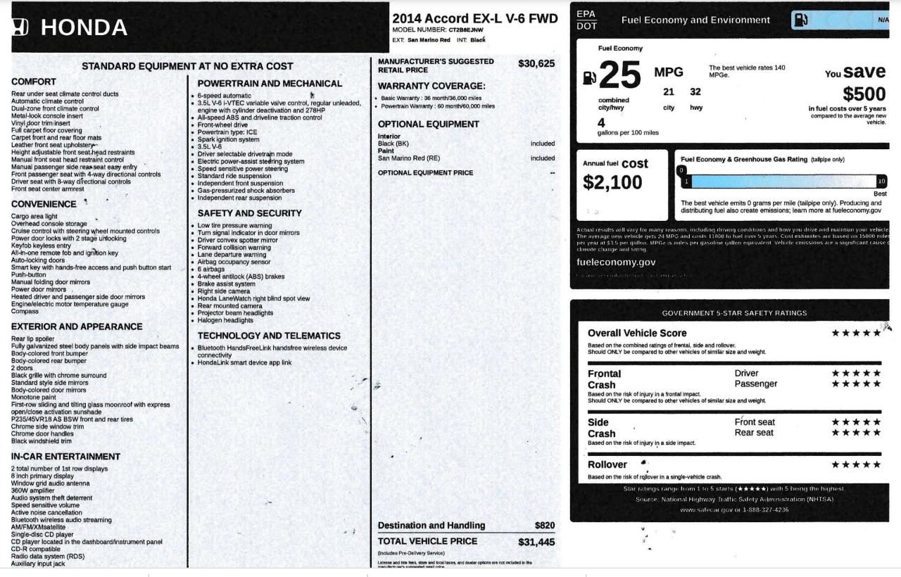 Honda Accord EX-L V6 Coupe AT 2014
