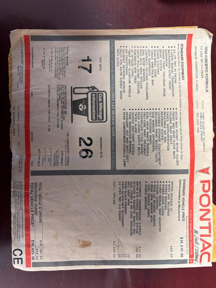 Pontiac Firebird 2dr Coupe Firebird Hatchback 1990