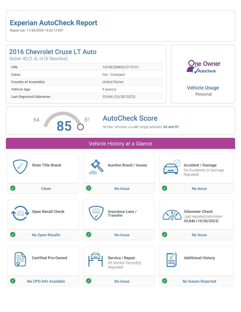 Chevrolet Cruze LT Auto 2016