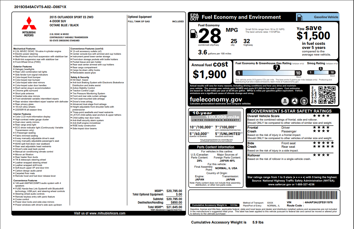 Mitsubishi Outlander Sport  2015