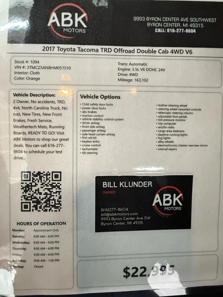 Toyota Tacoma TRD Offroad Double Cab 4WD V6 2017