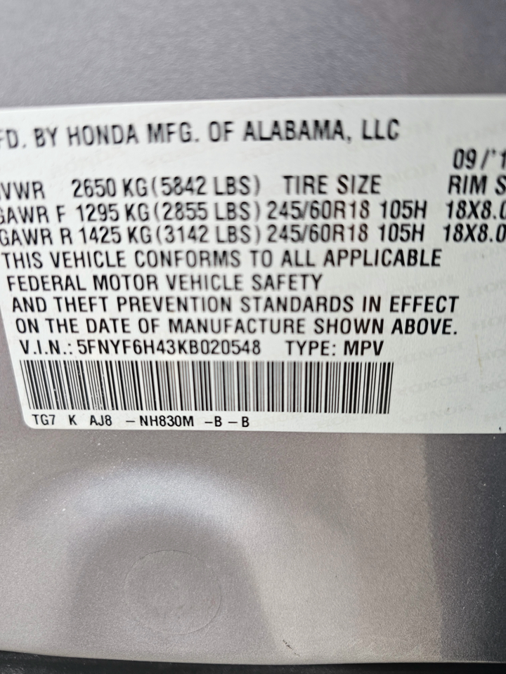 Honda Pilot EX-L w/Navigation and RES AWD 2019