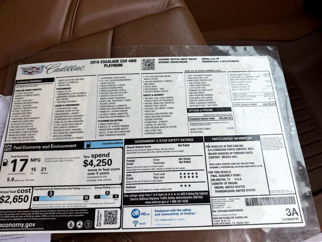 Cadillac Escalade ESV 4WD 4dr Platinum 2016