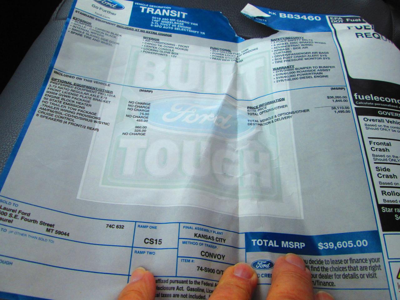 Ford Transit Van T-250 148" Med Rf 9000 GVWR Sliding RH Dr 2019