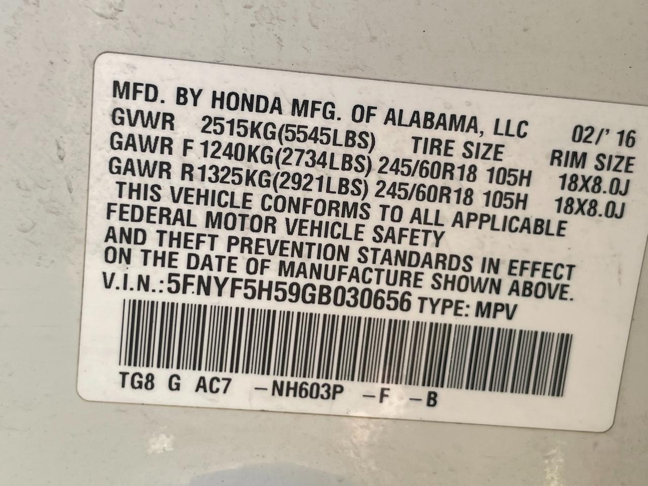 Honda Pilot EXL 2WD 2016