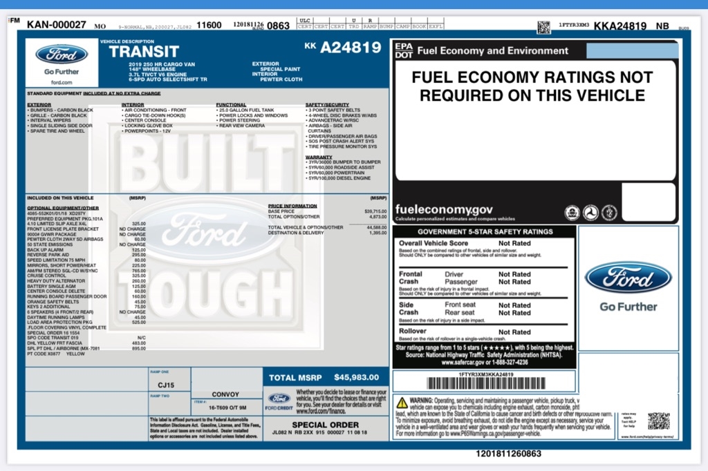 Ford Transit 250 Van High Roof w/Sliding Pass. 148-in. WB EL 2019 Ford Transit 250 Van High Roof w/Sliding Pass. 148-in. WB EL 2019