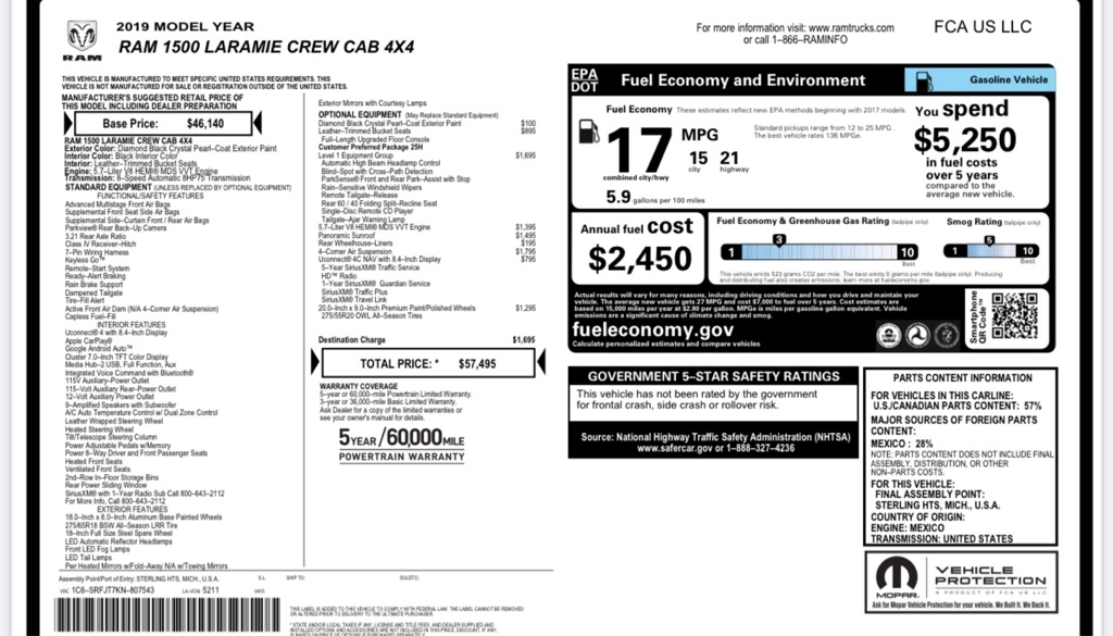 RAM 1500 Laramie Crew Cab SWB 4WD 2019 RAM 1500 Laramie Crew Cab SWB 4WD 2019