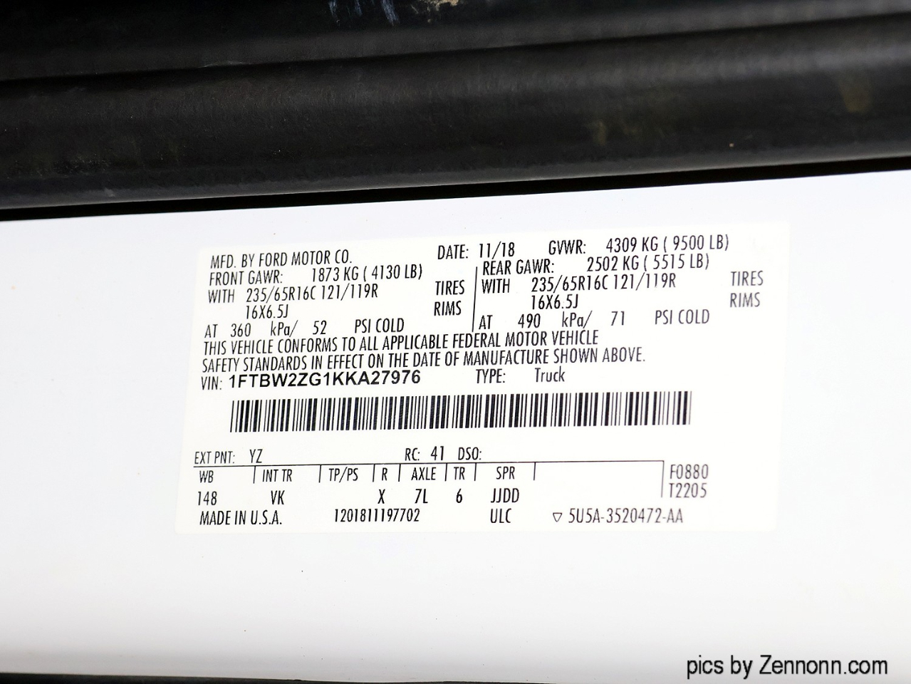 Ford Transit Van T-350 148" Low Rf 9500 GVWR Swing-Out RH Dr 2019