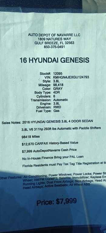 Hyundai Genesis 3.8L 2016