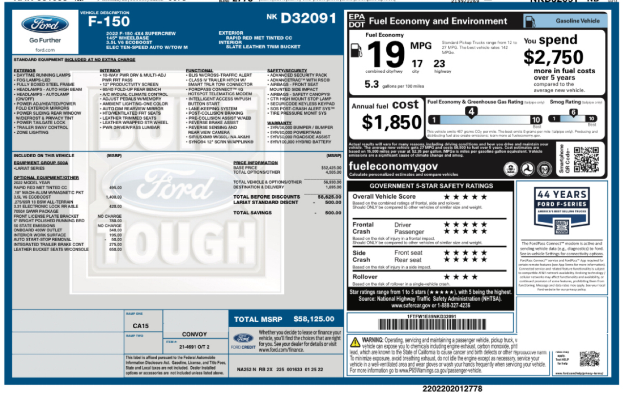 Ford F-150 4WD SuperCrew 145" Lariat 2022