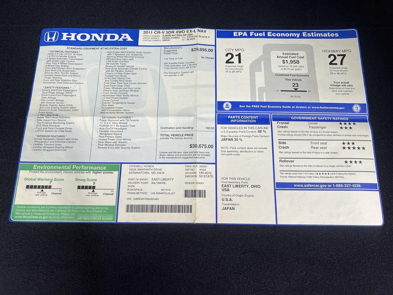 Honda CR-V EX-L 4WD AT with Navigation 2011