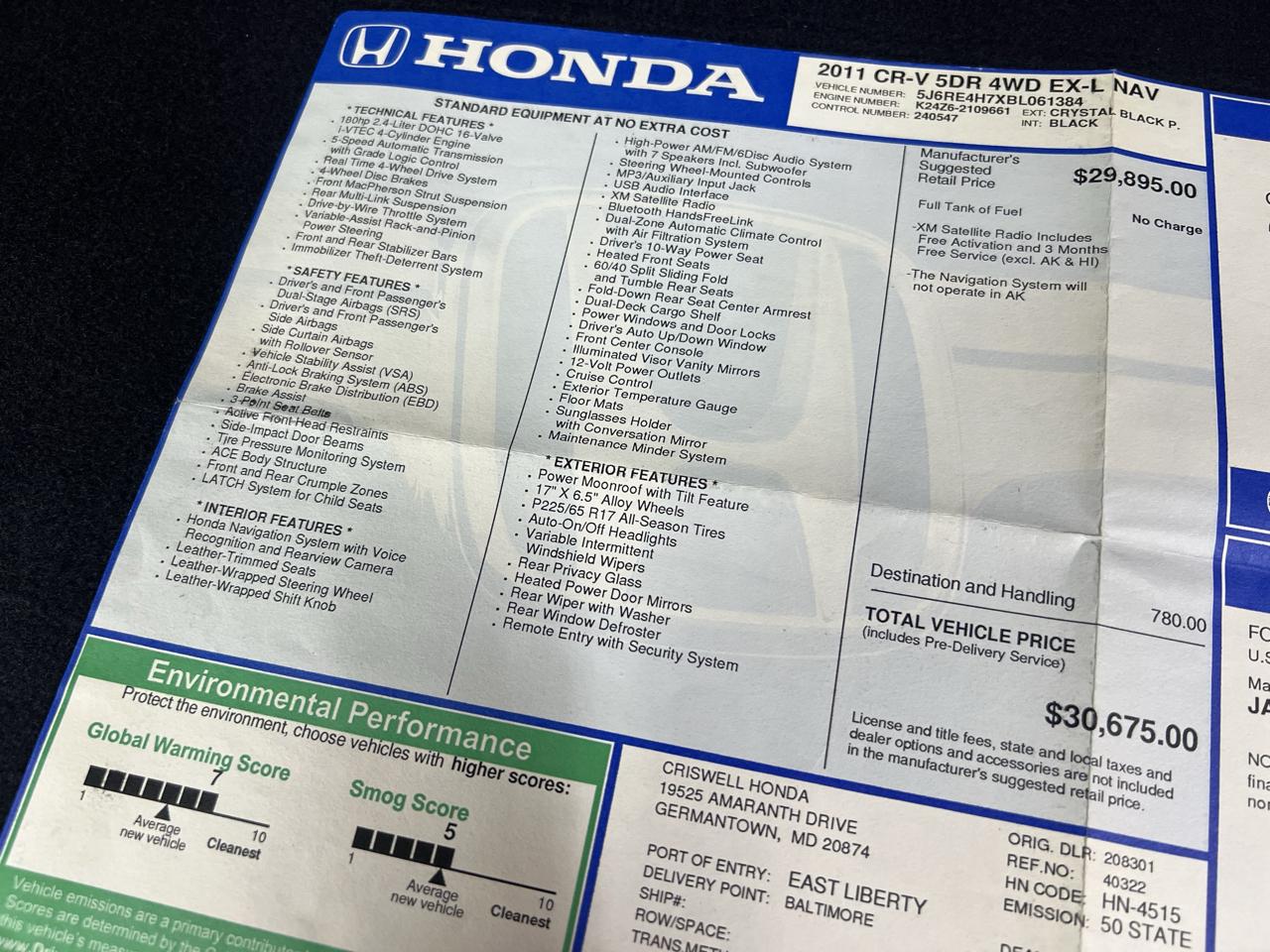 Honda CR-V EX-L 4WD AT with Navigation 2011