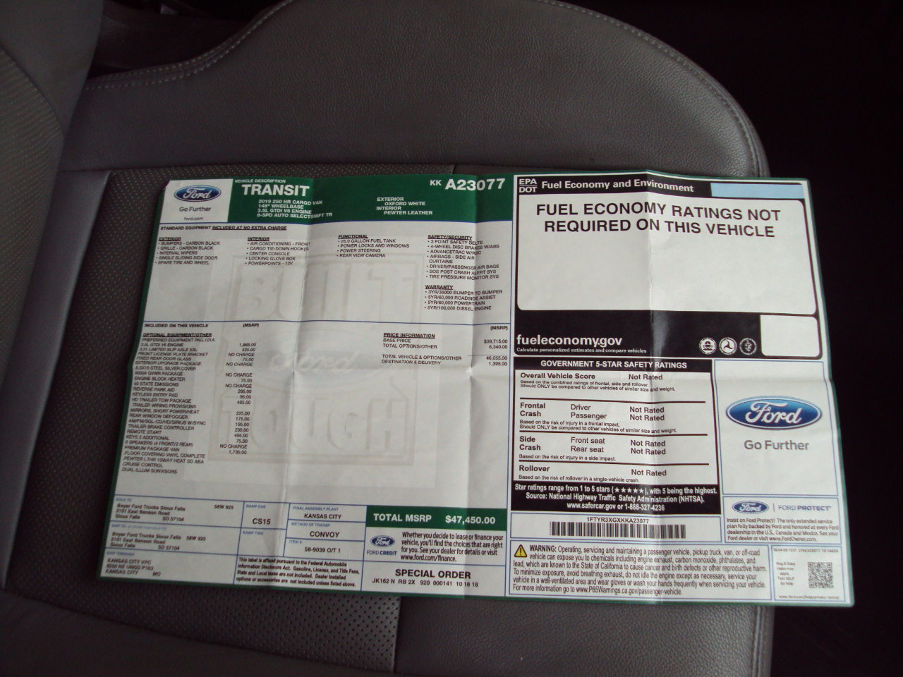 Ford Transit Van T-250 148" EL Hi Rf 9000 GVWR Sliding RH Dr 2019