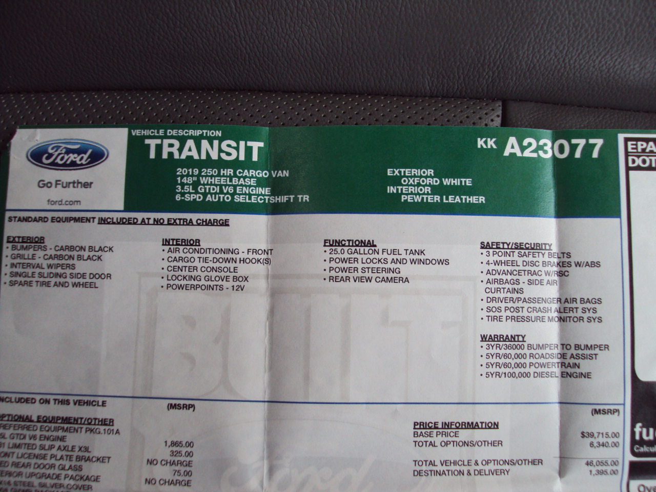 Ford Transit Van T-250 148" EL Hi Rf 9000 GVWR Sliding RH Dr 2019