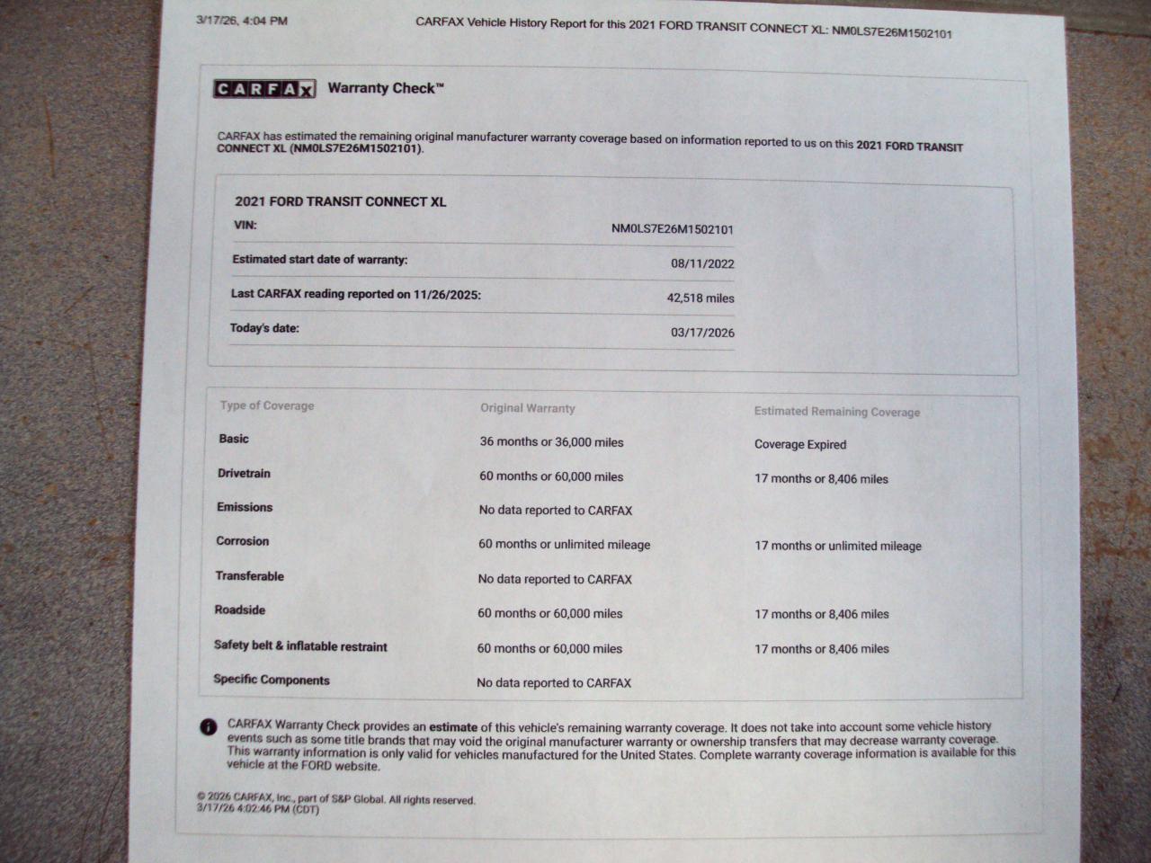 Ford Transit Connect Van XL LWB w/Rear Symmetrical Doors 2021