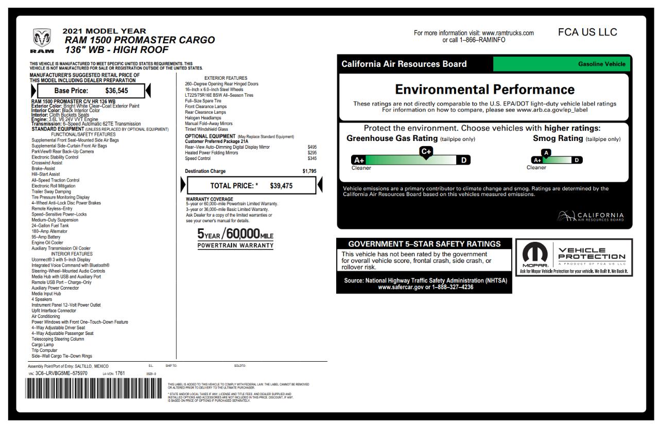 RAM Promaster 1500 High Roof 136-in. WB 2021