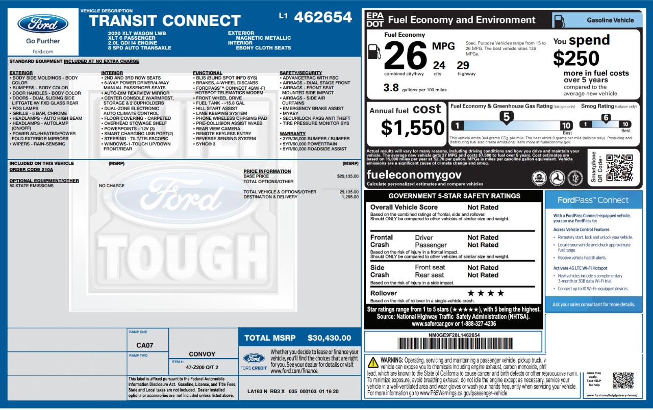 Ford Transit Connect Wagon XLT LWB w/Rear 180 Degree Door 2020