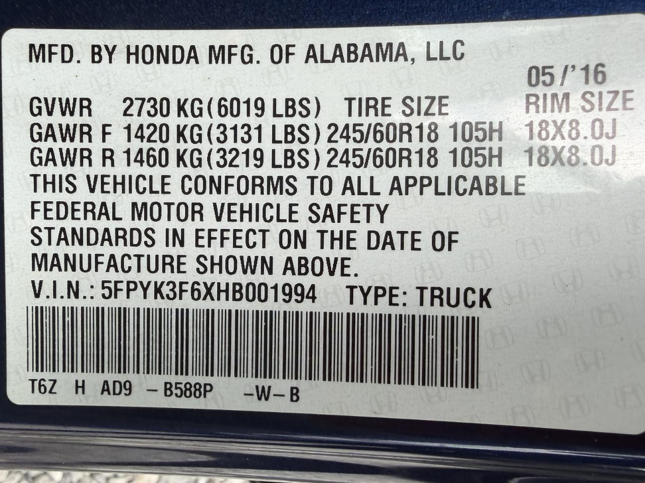 Honda Ridgeline RTL-T AWD 2017