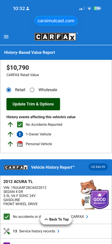 Acura TL 6-Speed AT 2012