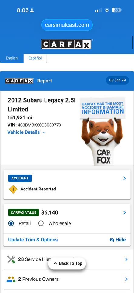 Subaru Legacy 2.5i Limited 2012