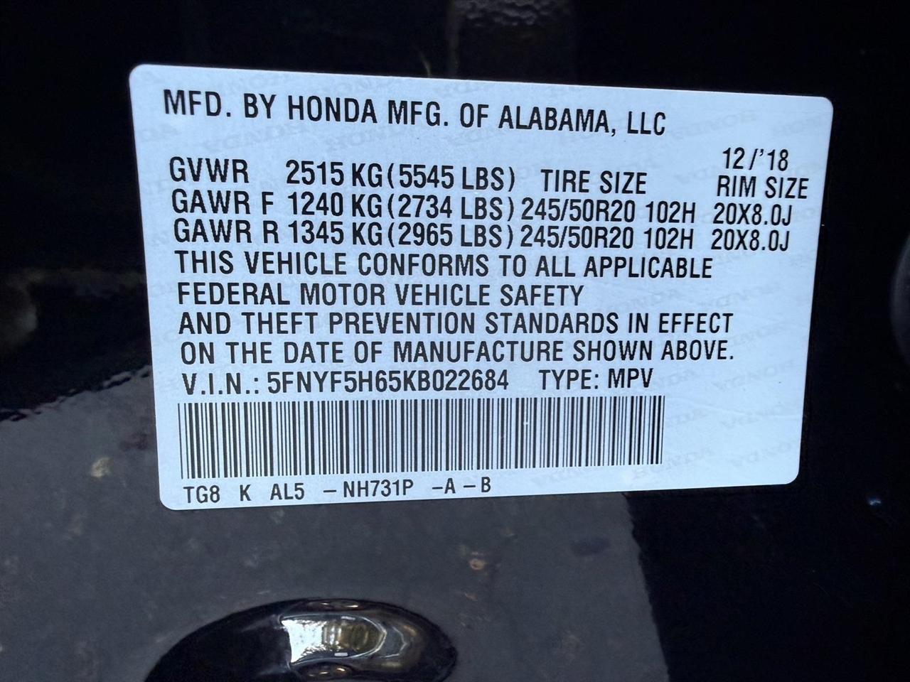 Honda Pilot Touring w/Rear Captain's Chairs 2019